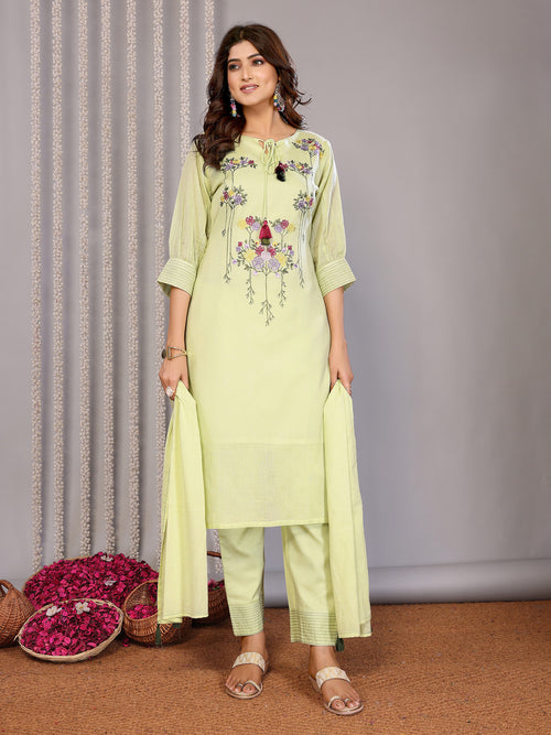 Dista Elora Lemon Green Kota Doria Floral Embroidery Straight Round Neck Kurta Set