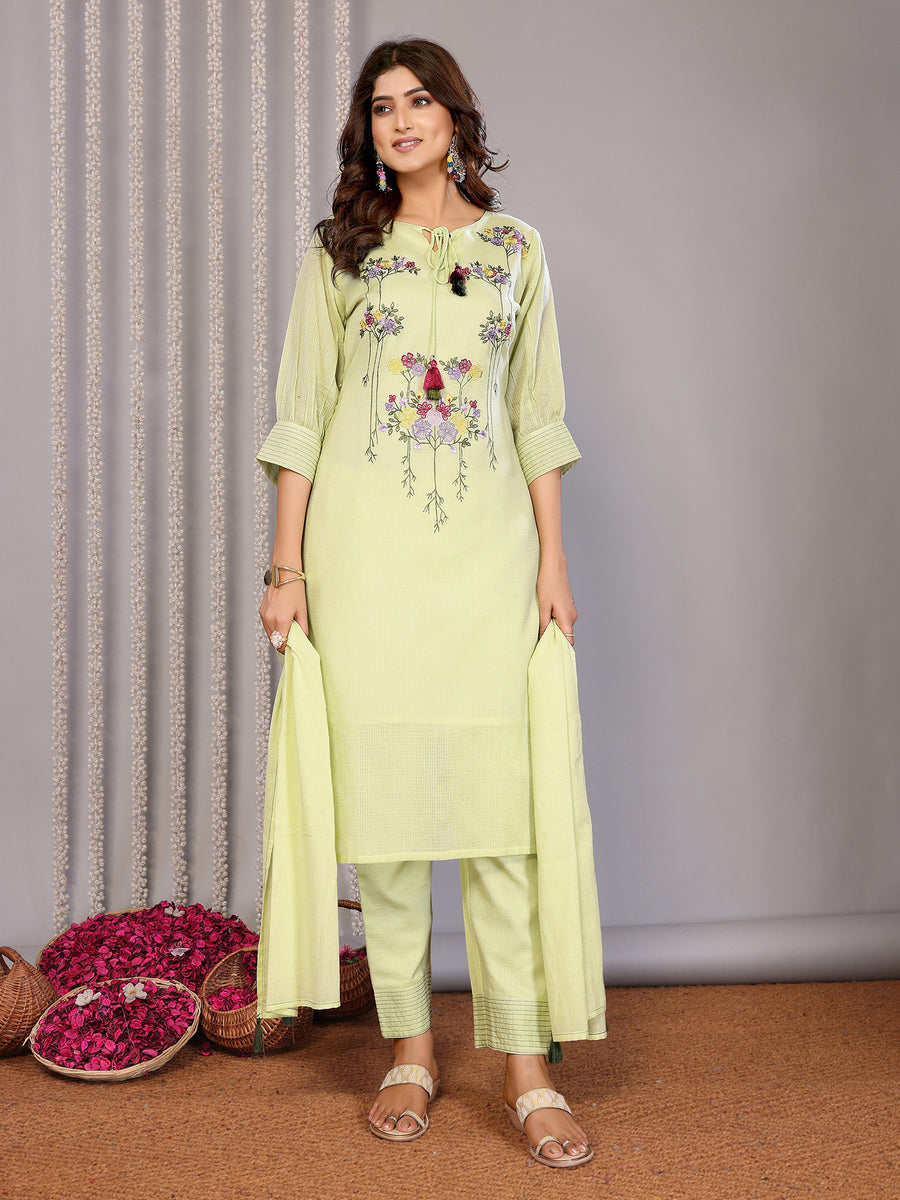 Dista Elora Lemon Green Kota Doria Floral Embroidery Straight Round Neck Kurta Set