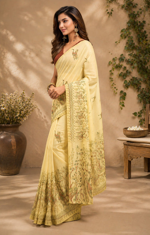 Dista Elora Light Beige Chanderi Cotton Kalamkari Printed Ready To Wear Saree