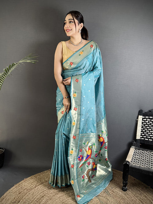 Dista Elora Light Blue Lichi Silk Parrot & Floral Woven Design Zari Weaving Paithani Saree