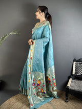 Dista Elora Light Blue Lichi Silk Parrot & Floral Woven Design Zari Weaving Paithani Saree, view 2