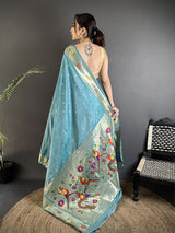 Dista Elora Light Blue Lichi Silk Parrot & Floral Woven Design Zari Weaving Paithani Saree, view 3