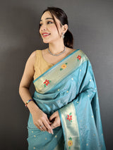 Dista Elora Light Blue Lichi Silk Parrot & Floral Woven Design Zari Weaving Paithani Saree, view 5