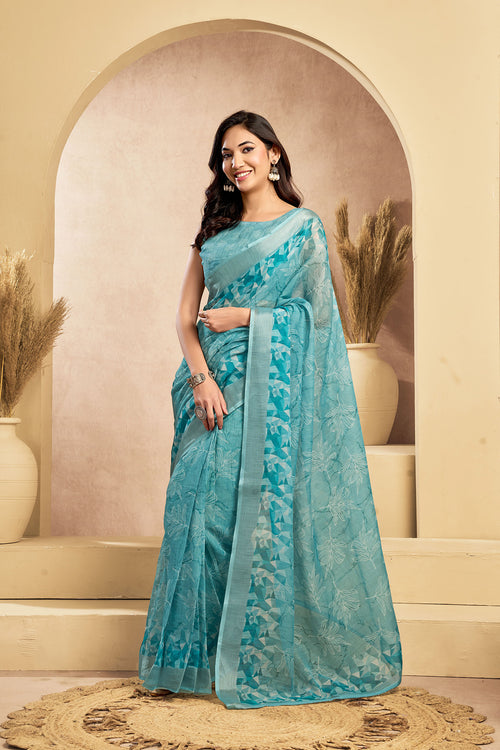 Dista Elora Light Blue Linen Floral Motifs Printed Ready To Wear Saree