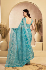Dista Elora Light Blue Linen Floral Motifs Printed Ready To Wear Saree, view 2