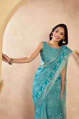 Dista Elora Light Blue Linen Floral Motifs Printed Ready To Wear Saree, view 4