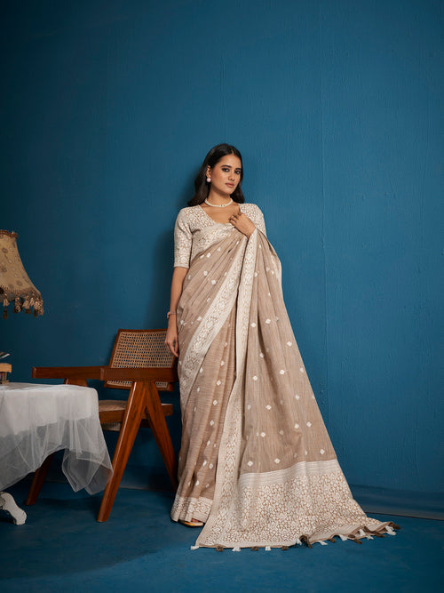 Dista Elora Light Brown Soft Linen Silk Chikankari Casual Designer Wear Saree