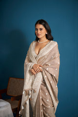 Dista Elora Light Brown Soft Linen Silk Chikankari Casual Designer Wear Saree, view 2