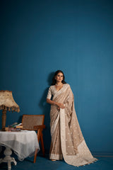 Dista Elora Light Brown Soft Linen Silk Chikankari Casual Designer Wear Saree, view 3