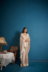 Dista Elora Light Brown Soft Linen Silk Chikankari Casual Designer Wear Saree, view 4