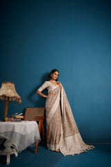 Dista Elora Light Brown Soft Linen Silk Chikankari Casual Designer Wear Saree, view 5