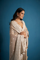 Dista Elora Light Brown Soft Linen Silk Chikankari Casual Designer Wear Saree, view 6