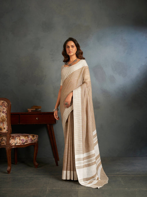 Dista Elora Light Brown Soft Linen Silk Office Wear Saree With Chikankari Weaved Border