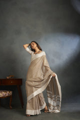 Dista Elora Light Brown Soft Linen Silk Office Wear Saree With Chikankari Weaved Border, view 2
