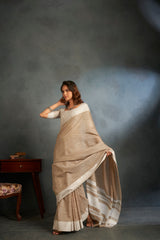 Dista Elora Light Brown Soft Linen Silk Office Wear Saree With Chikankari Weaved Border, view 3