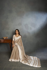 Dista Elora Light Brown Soft Linen Silk Office Wear Saree With Chikankari Weaved Border, view 4