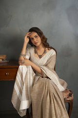 Dista Elora Light Brown Soft Linen Silk Office Wear Saree With Chikankari Weaved Border, view 5