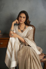 Dista Elora Light Brown Soft Linen Silk Office Wear Saree With Chikankari Weaved Border, view 6