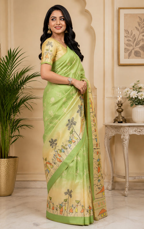 Dista Elora Light Green Chanderi Cotton Tribal Folk Art Printed Ready To Wear Saree