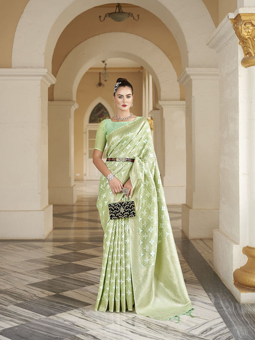 Dista Elora Light Green Cotton Silk Ikkat Zari Designer Saree for Women