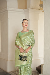 Dista Elora Light Green Cotton Silk Ikkat Zari Designer Saree for Women, view 2