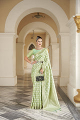 Dista Elora Light Green Cotton Silk Ikkat Zari Designer Saree for Women, view 3