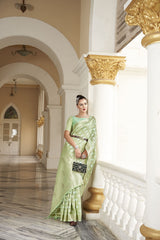 Dista Elora Light Green Cotton Silk Ikkat Zari Designer Saree for Women, view 4