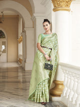 Dista Elora Light Green Cotton Silk Ikkat Zari Designer Saree for Women, view 5