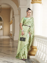 Dista Elora Light Green Cotton Silk Ikkat Zari Designer Saree for Women, view 6