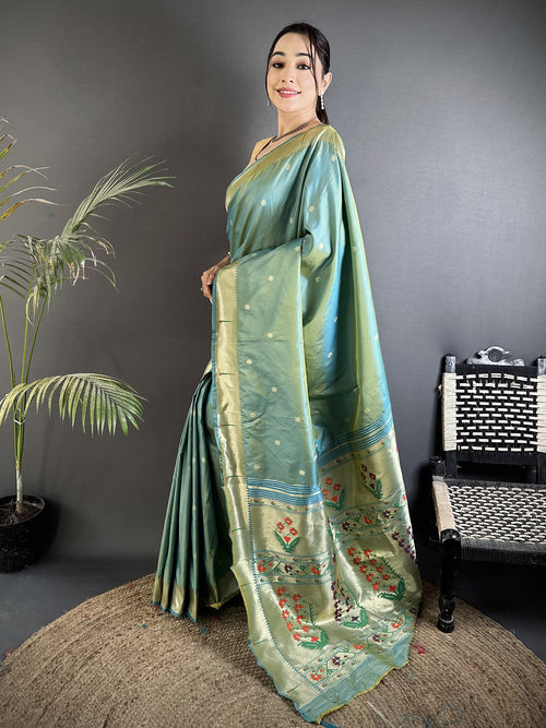 Dista Elora Light Green Lichi Silk Floral Ikat Motifs Zari weaving Paithani Saree
