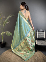 Dista Elora Light Green Lichi Silk Floral Ikat Motifs Zari weaving Paithani Saree, view 2