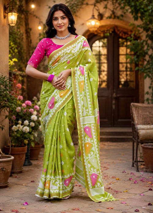 Dista Elora Light Green Linen Bandhani Digital Print Bollywood Saree