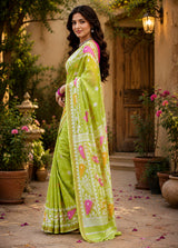 Dista Elora Light Green Linen Bandhani Digital Print Bollywood Saree, view 2