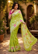 Dista Elora Light Green Linen Bandhani Digital Print Bollywood Saree, view 4