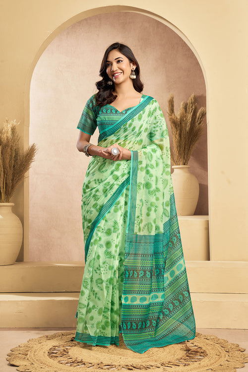 Dista Elora Light Green Linen Floral Motifs Printed Ready To Wear Saree