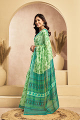 Dista Elora Light Green Linen Floral Motifs Printed Ready To Wear Saree, view 2
