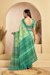 Dista Elora Light Green Linen Floral Motifs Printed Ready To Wear Saree, view 3