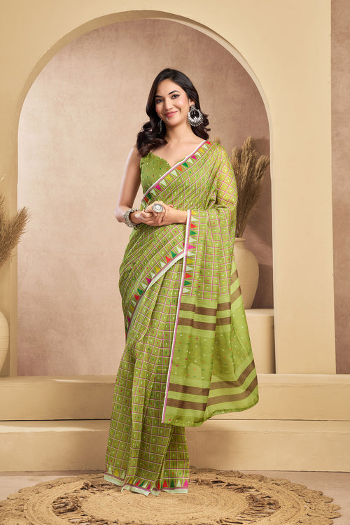 Dista Elora Light Green Linen Mini Checks Printed Ready To Wear Saree