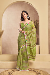 Dista Elora Light Green Linen Mini Checks Printed Ready To Wear Saree, view 4