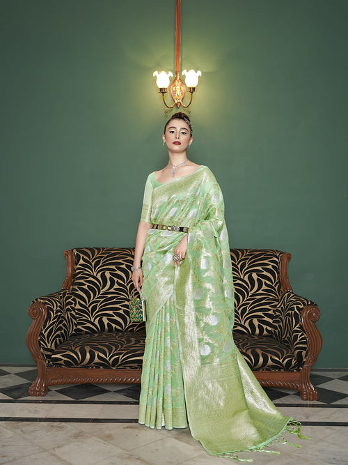 Dista Elora Light Green Linen Silk Jacquard Designer Saree for Women