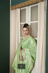 Dista Elora Light Green Linen Silk Jacquard Designer Saree for Women, view 2