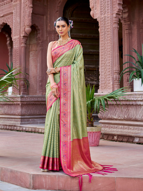 Dista Elora Light Green Munga Zari Silk Kanjivaram With Zig Zag Pattern Saree