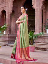 Dista Elora Light Green Munga Zari Silk Kanjivaram With Zig Zag Pattern Saree, view 2