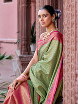 Dista Elora Light Green Munga Zari Silk Kanjivaram With Zig Zag Pattern Saree, view 6