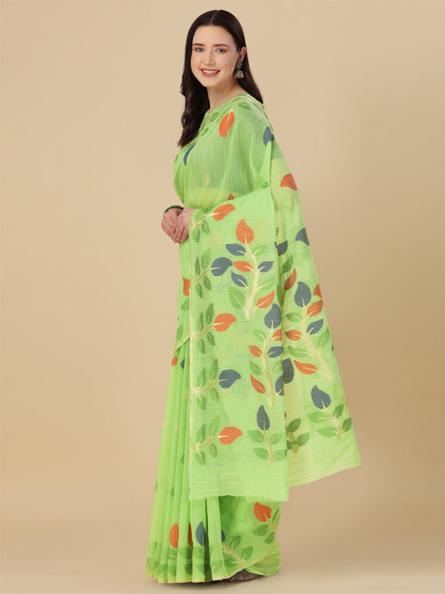 Dista Elora Light Green Soft Cotton Floral Printed Bhagalpuri Designer Saree
