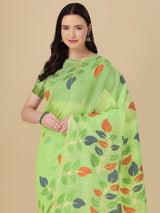 Dista Elora Light Green Soft Cotton Floral Printed Bhagalpuri Designer Saree, view 2