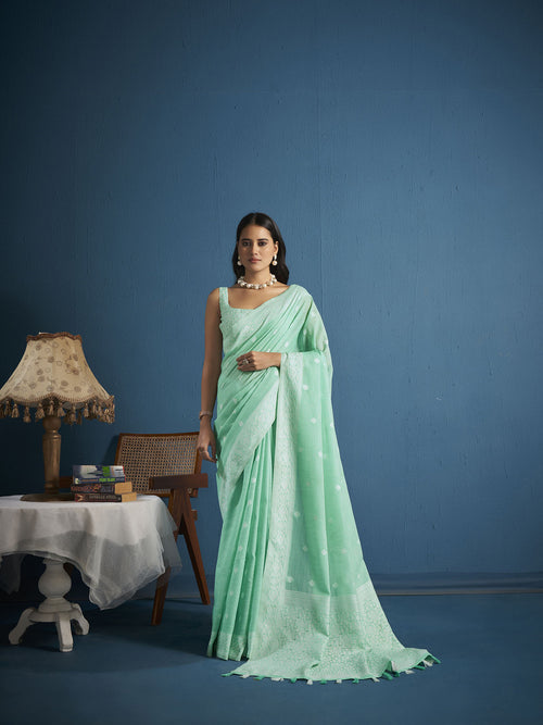 Dista Elora Light Green Soft Linen Silk Chikankari Casual Designer Wear Saree
