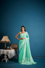 Dista Elora Light Green Soft Linen Silk Chikankari Casual Designer Wear Saree, view 2
