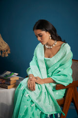 Dista Elora Light Green Soft Linen Silk Chikankari Casual Designer Wear Saree, view 3