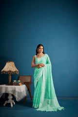 Dista Elora Light Green Soft Linen Silk Chikankari Casual Designer Wear Saree, view 4